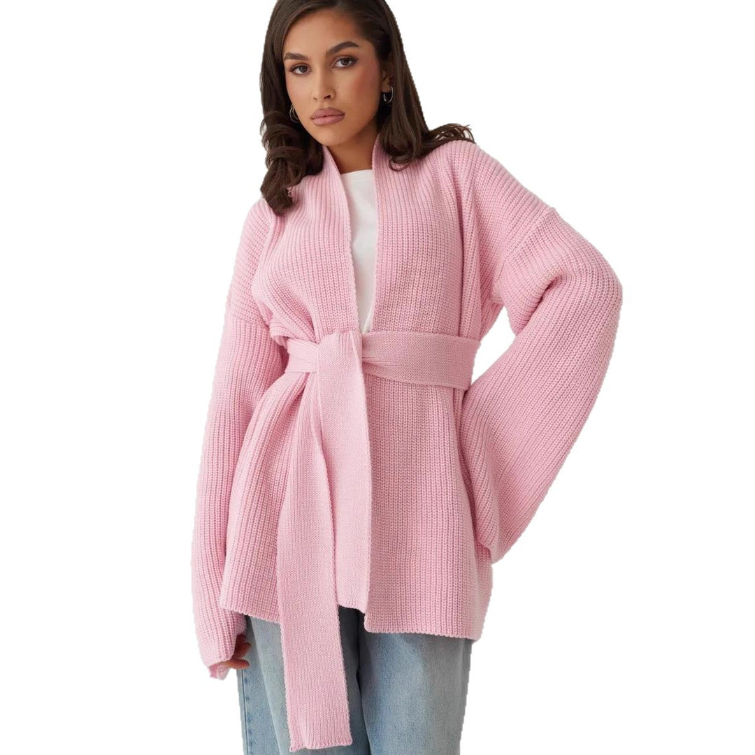 Damen Strickjacke mit Bindegürtel und weit geschnittenen Ärmeln Drune