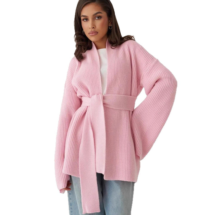 Damen Strickjacke mit Bindegürtel und weit geschnittenen Ärmeln Drune