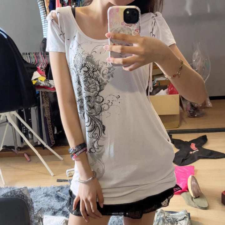Damen Elegantes T-Shirt mit dekorativen Schnürdetails Drune