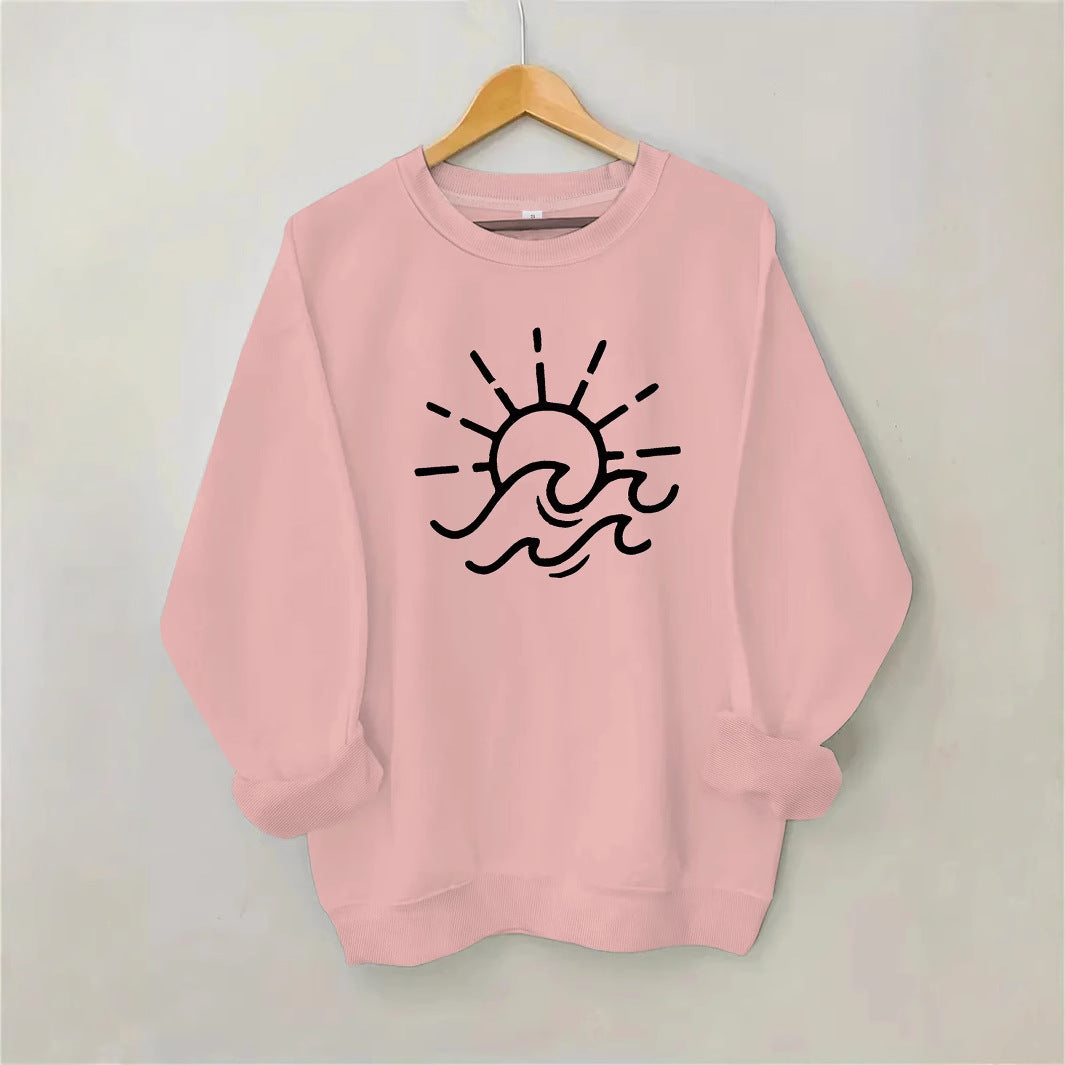 Damen Sweatshirt mit kreativem Sonnen- und Wellenmotiv Drune