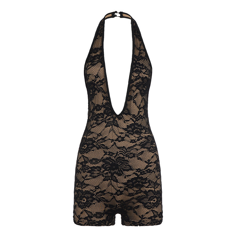 Damen verführerischer Spitzenbodysuit mit tiefem V-Ausschnitt und offenem Rücken Drune