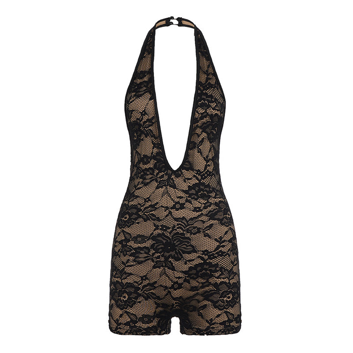 Damen verführerischer Spitzenbodysuit mit tiefem V-Ausschnitt und offenem Rücken Drune