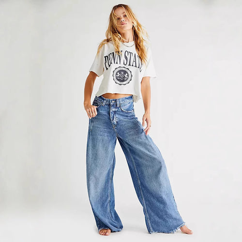 Damen nan extraweite High‑Waist Palazzo-Jeans aus Denim mit rohem Saum und Vintage-Waschung Drune