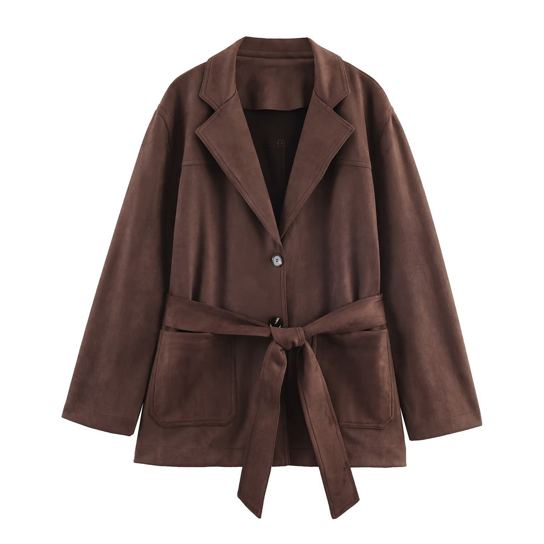 Damen eleganter Blazerjacke aus Kunstleder mit Taillengürtel Drune