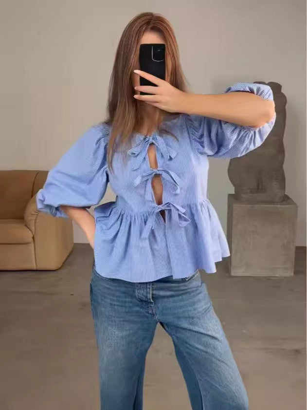 Damen Bluse mit raffinierten Schleifen und voluminösen Ärmeln Drune