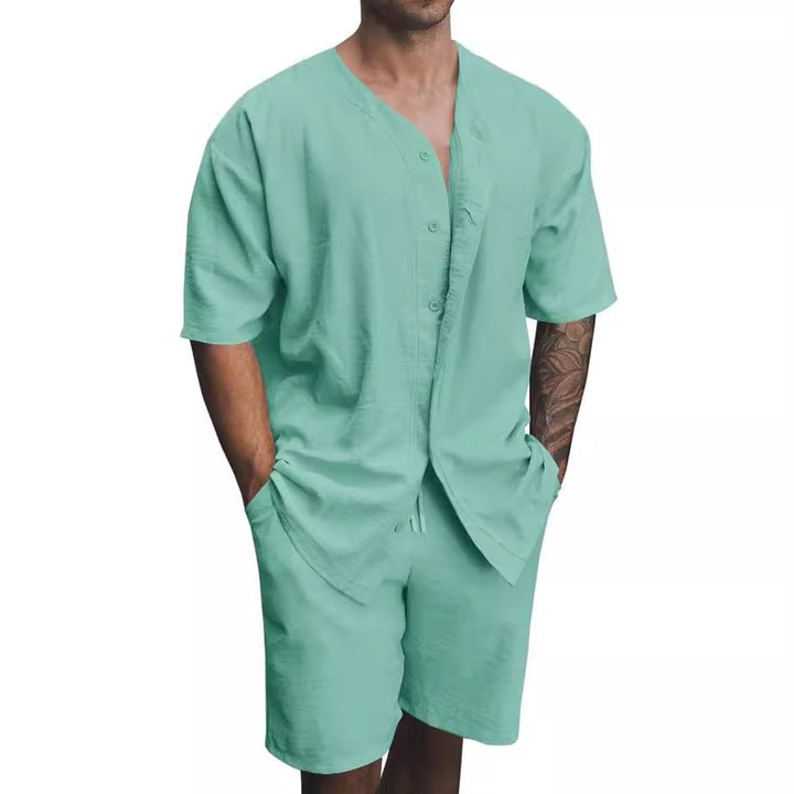 Herren luftiges Sommer-Freizeit-Set mit kurzärmeliger Knopfleiste und lässigen Shorts Drune