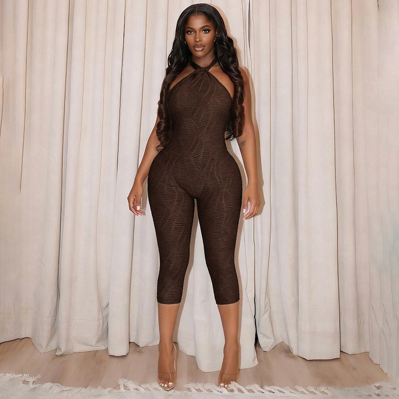 Damen Figurbetonter Jumpsuit mit Halterneck und raffinierter Textur Drune