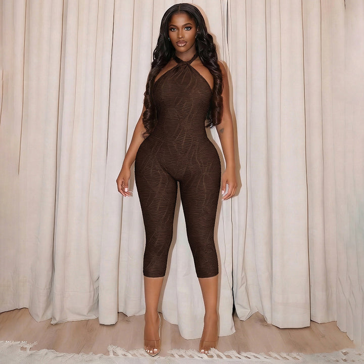 Damen Figurbetonter Jumpsuit mit Halterneck und raffinierter Textur Drune
