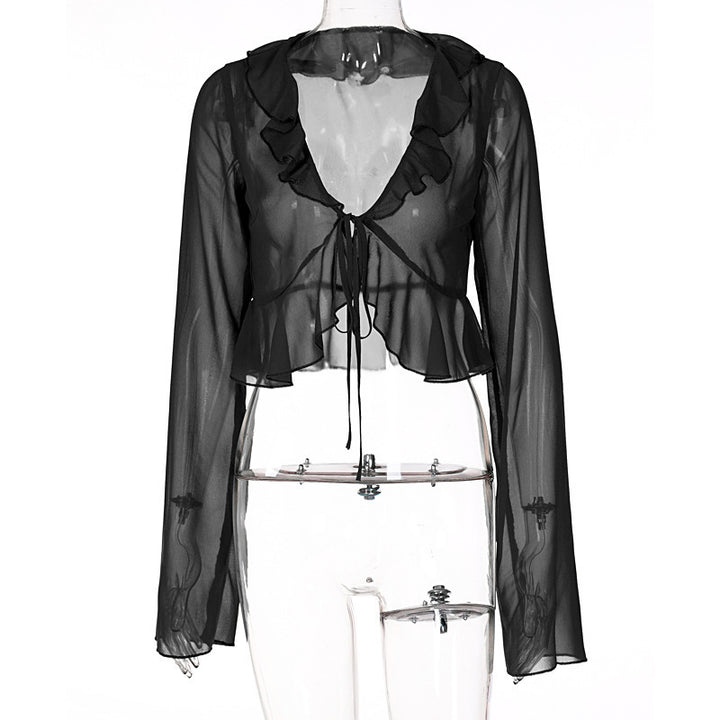 Damen Transparente Langarmbluse mit Rüschen und Bindegürtel Drune