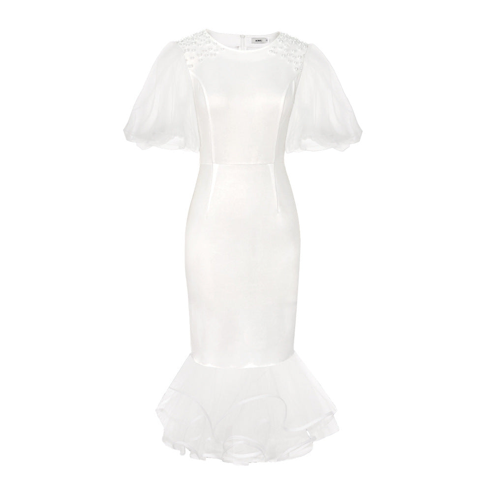Damen elegantes figurbetontes Kleid mit Tüllärmeln und Rüschenabschluss Drune