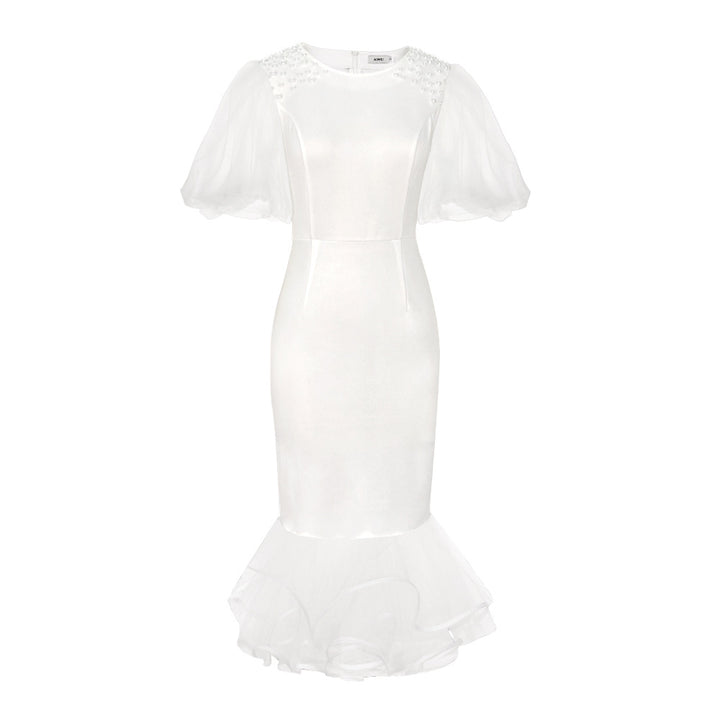 Damen elegantes figurbetontes Kleid mit Tüllärmeln und Rüschenabschluss Drune