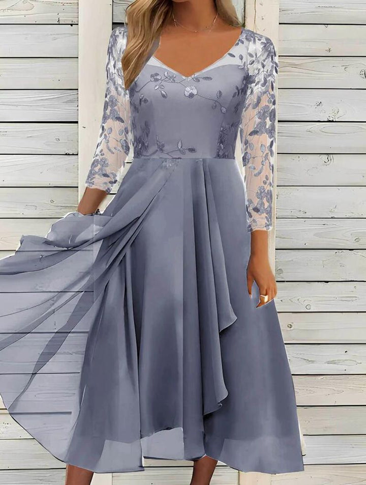 Damen nan V-Ausschnitt Chiffon-Midikleid mit besticktem Bustier, transparenten dreiviertel-Ärmeln und asymmetrischem Lagenrock Drune