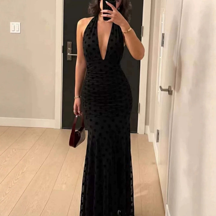Damen Elegantes Maxikleid mit tiefem V-Ausschnitt und filigranen Rüschen Drune