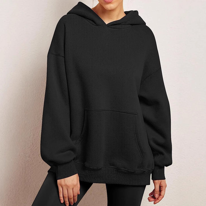 Damen nan Oversize-Kapuzenpullover mit verlängertem Rückenteil, innen angerautem Fleece und Kängurutasche Drune