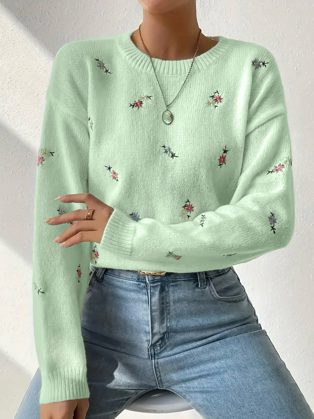 Damen festlicher Pulli mit floralen Stickereien und lässigem Schnitt Drune