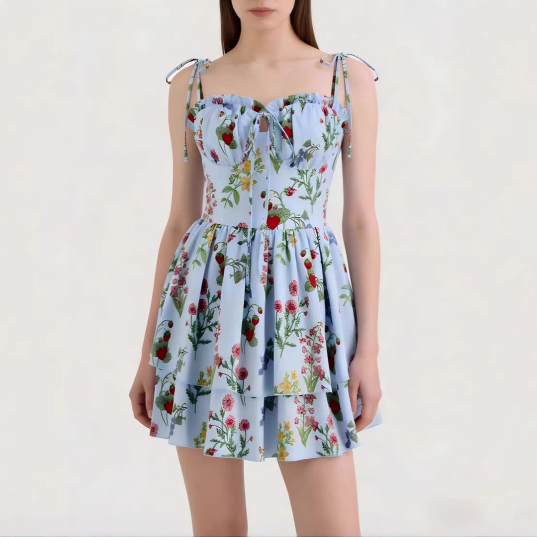 Damen Minikleid mit Blumenmuster und bordeauxfarbenem Unterrock Drune