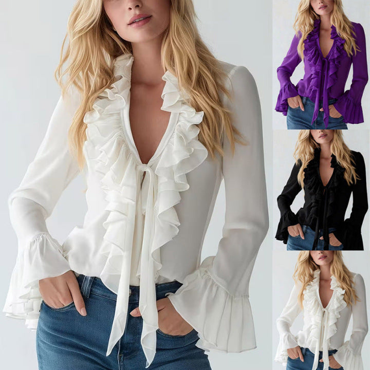 Damen Elegantes Oberteil mit Volants und tiefem V-Ausschnitt Drune