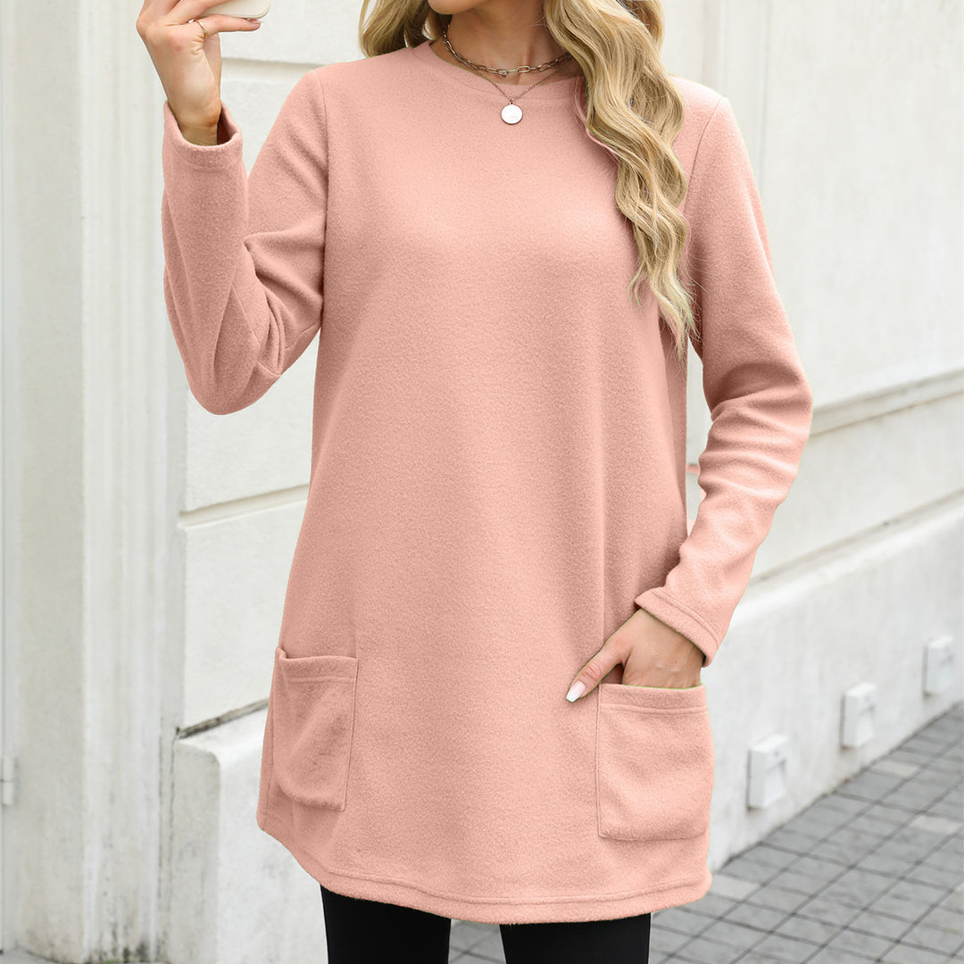 Damen nan legeres Fleece-Tunika-Kleid mit Rundhalsausschnitt und aufgesetzten Taschen Drune