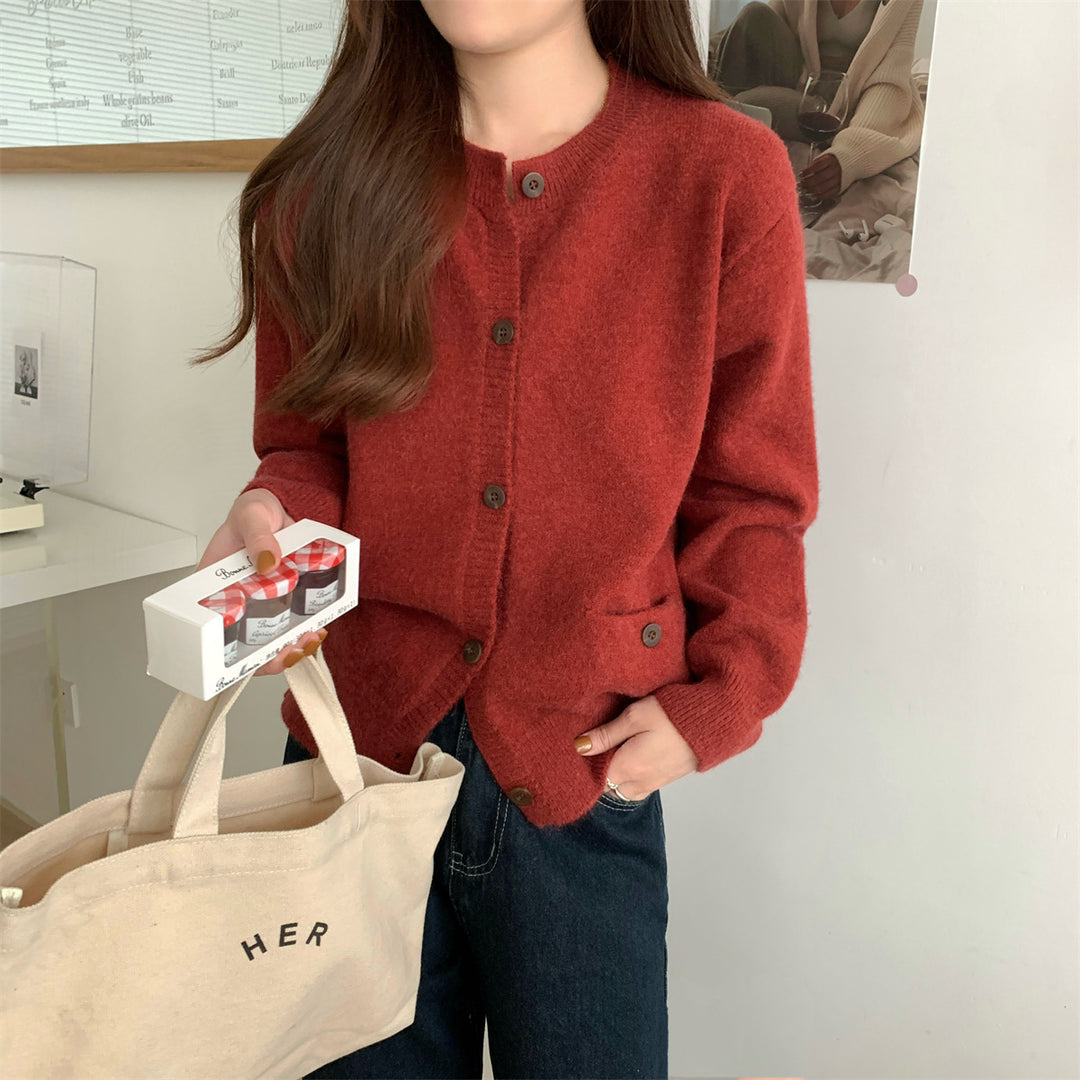 Damen gemütlicher Strickcardigan mit praktischen Taschen und Knopfverschluss Drune