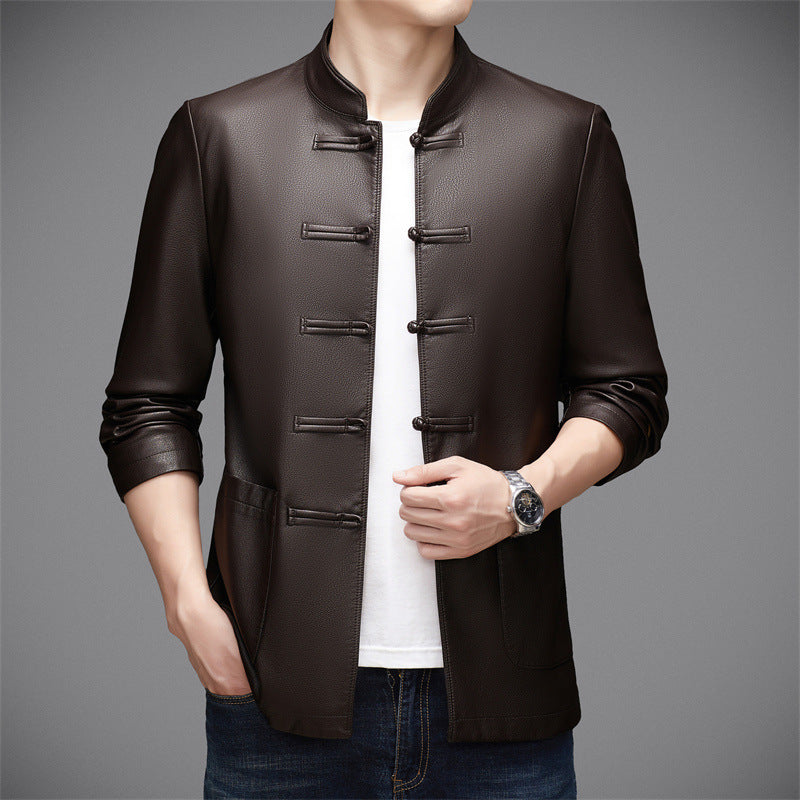 Herren Lederjacke mit asiatischem Stehkragen und praktischen Taschen Drune
