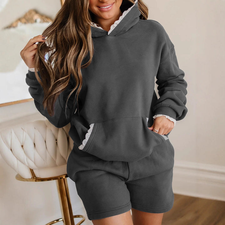 Damen Lässiges Hoodie-Set mit dekorativem Spitzensaum Drune