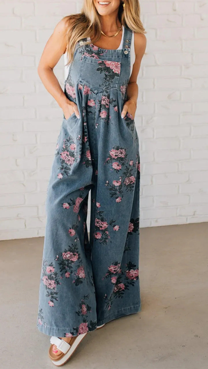 Damen Baumwoll-Overall mit floralem Druck und weiten Beinen Drune