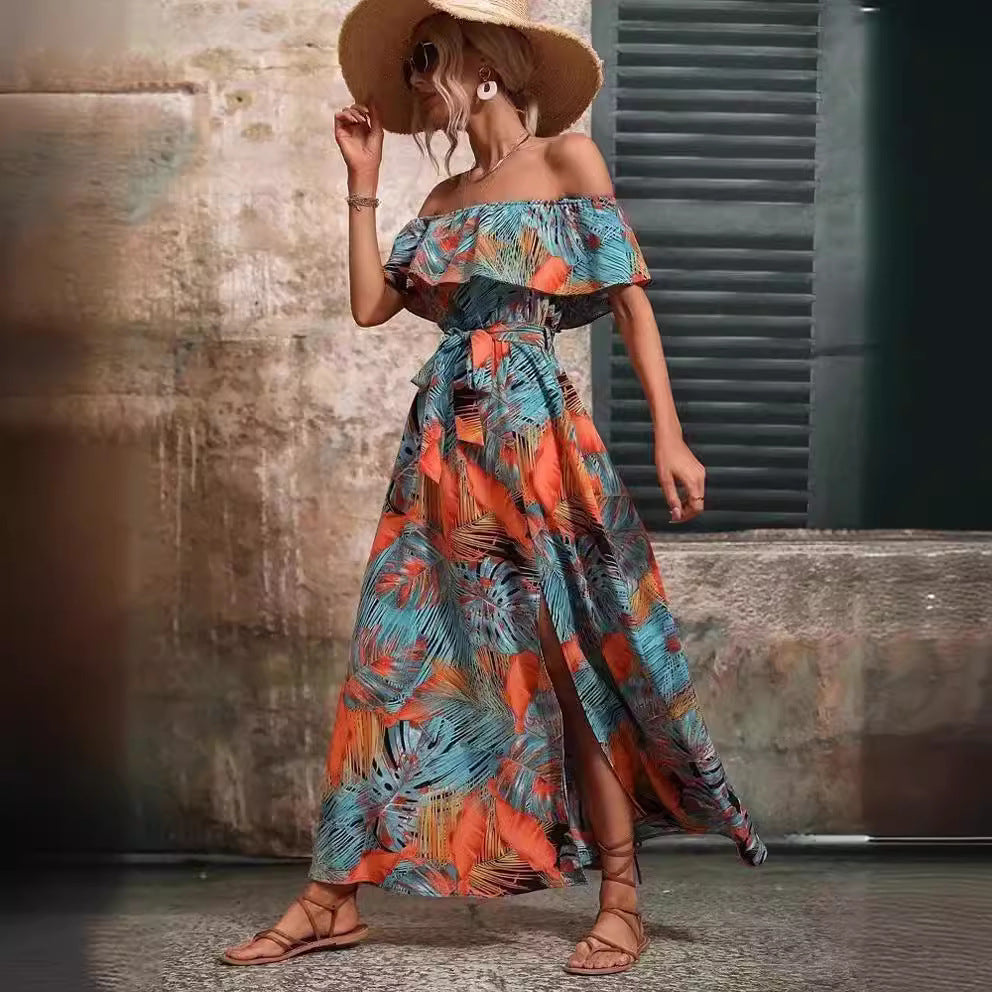 Damen Maxikleid mit off-shoulder Design und tiefem Schlitz Drune