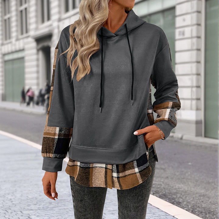 Damen lässiger Kapuzenpullover mit kariertem Patchwork-Design Drune