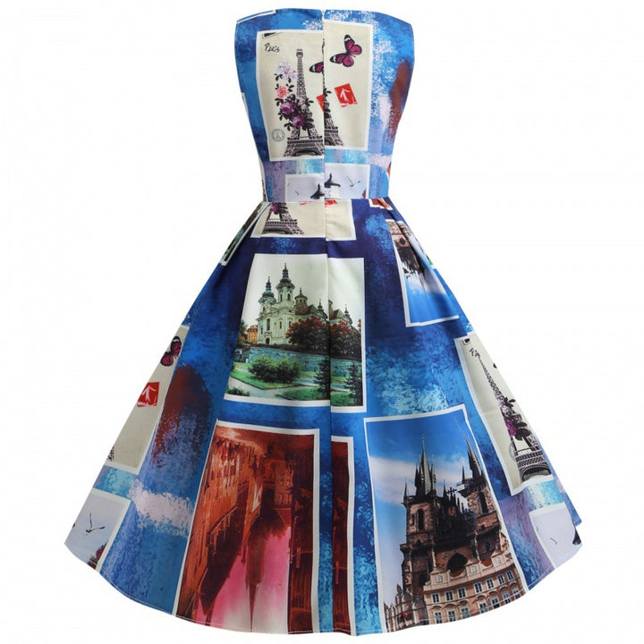Damen Vintage A-Linien Kleid mit kunstvollem Motiv Drune