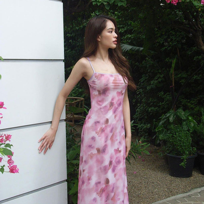 Damen elegantes Maxikleid mit zarten floralen Mustern und schmalen Spaghetti-Trägern Drune