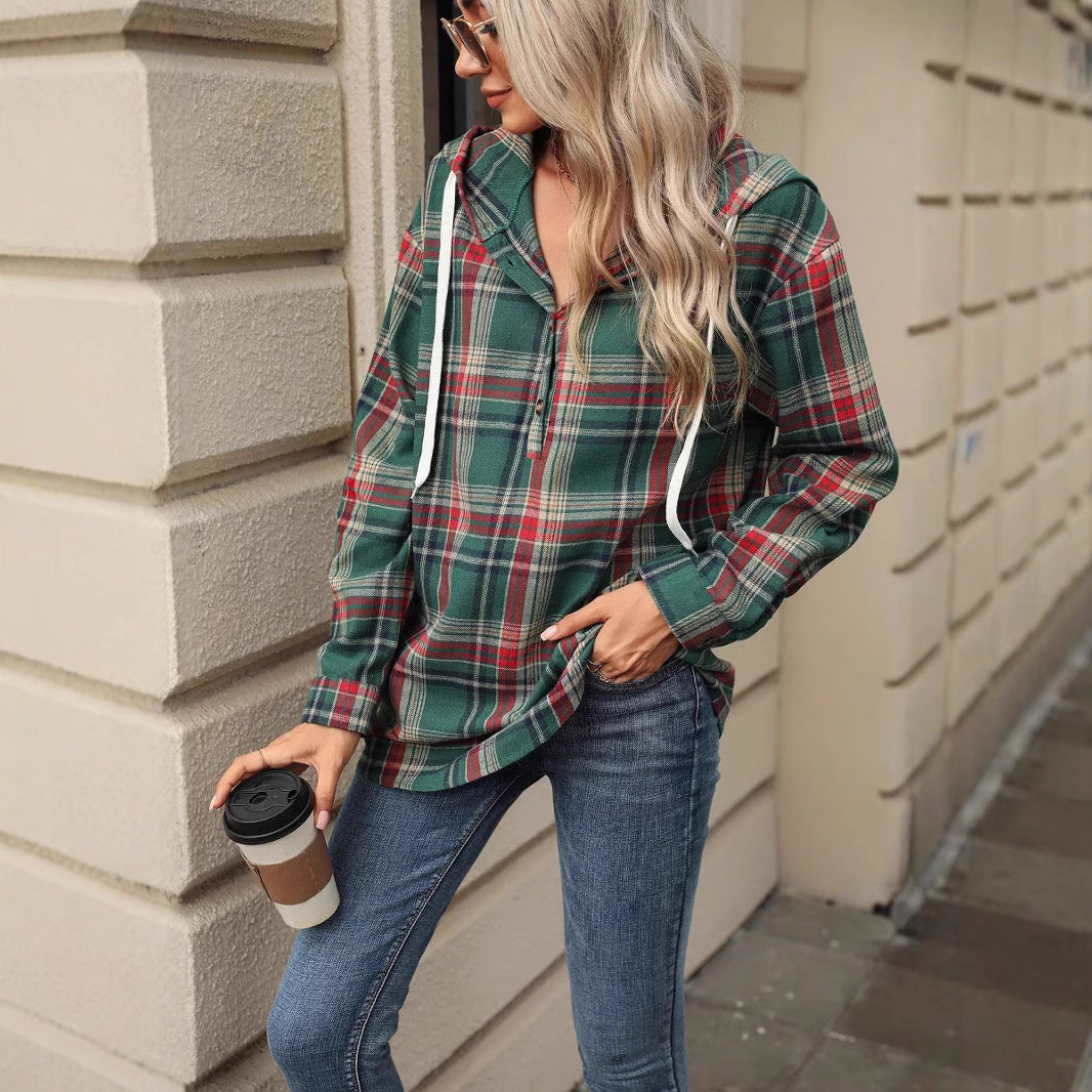 Damen karierte Kapuzenbluse mit praktischen Knopfdetails und lässigem Schnitt Drune
