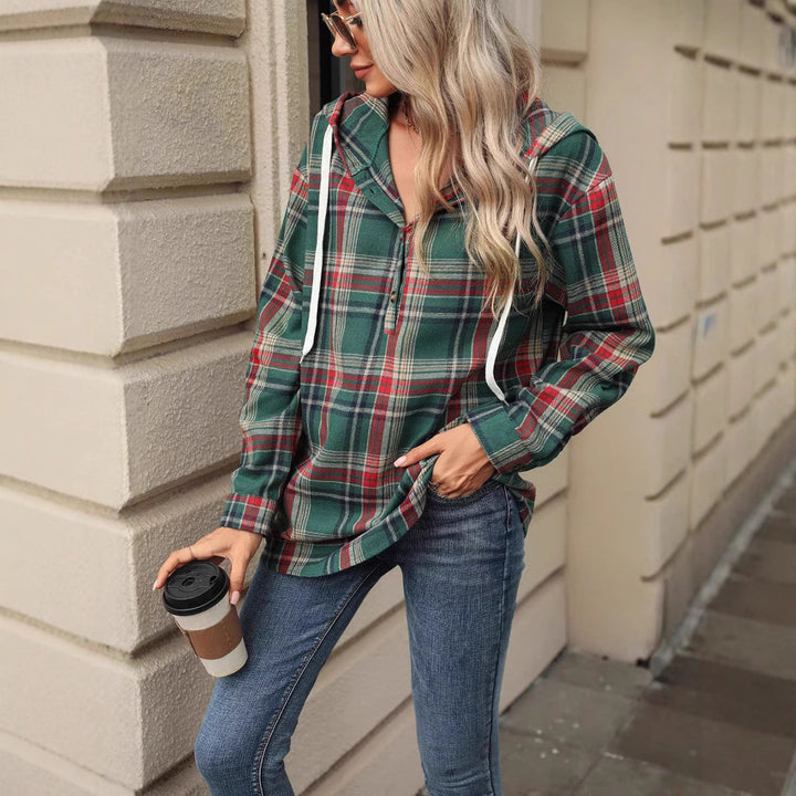Damen karierte Kapuzenbluse mit praktischen Knopfdetails und lässigem Schnitt Drune