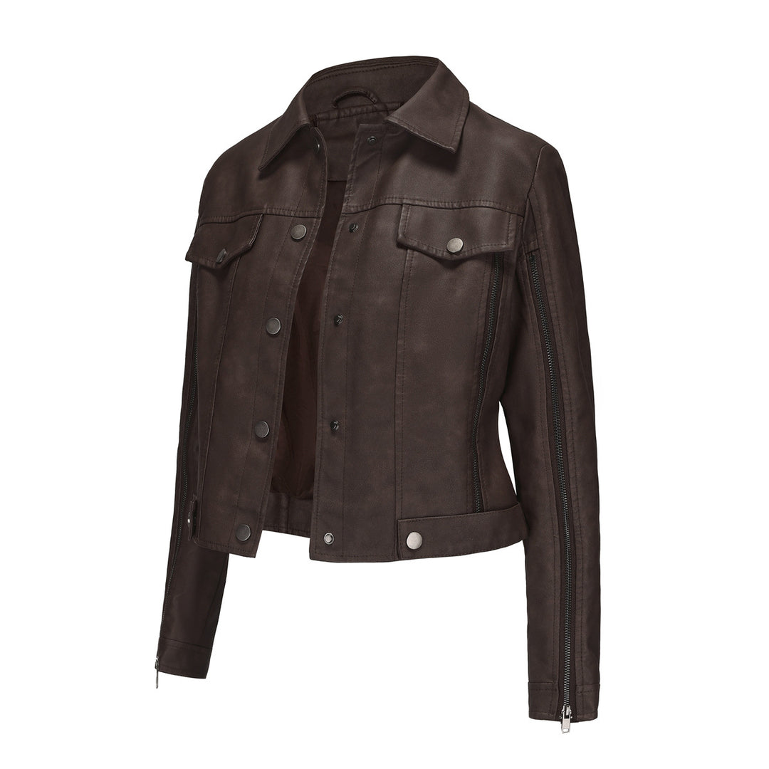 Damen modische Shortjacke aus Kunstleder mit Reißverschlussdetails Drune