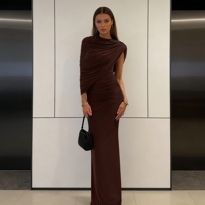 Damen Elegantes Maxikleid mit asymmetrischen Drapierungen und figurschmeichelndem Schnitt Drune