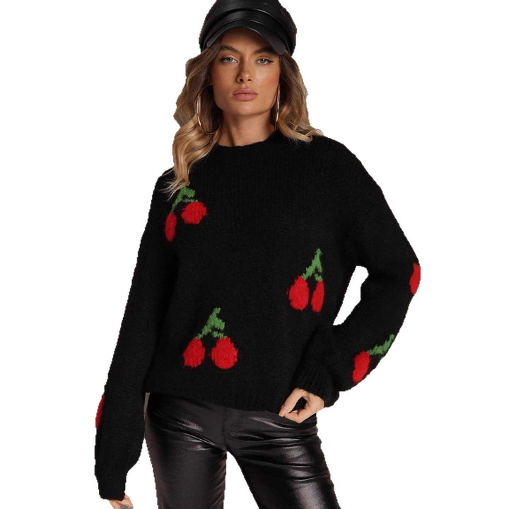 Damen Strickpullover mit fruchtigem Kirschmotiv und lässigem Schnitt Drune