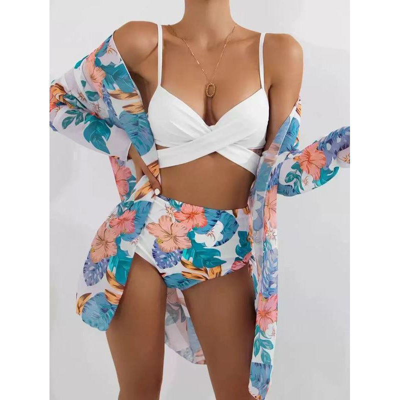 Damen Bikiniset mit floralem Kimono und hoch taillierter Hose Drune
