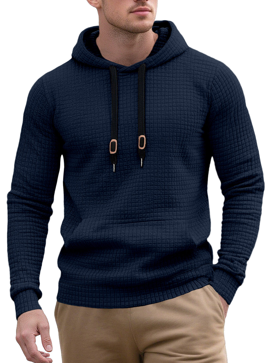 Herren nan schmal geschnittener Stepp-Kapuzenpullover mit feiner Quadratstruktur, Kordelzug und geripptem Saum Drune
