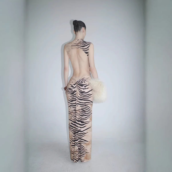 Damen Elegantes Maxikleid mit asymmetrischem Schnitt und Tiermotiv Drune