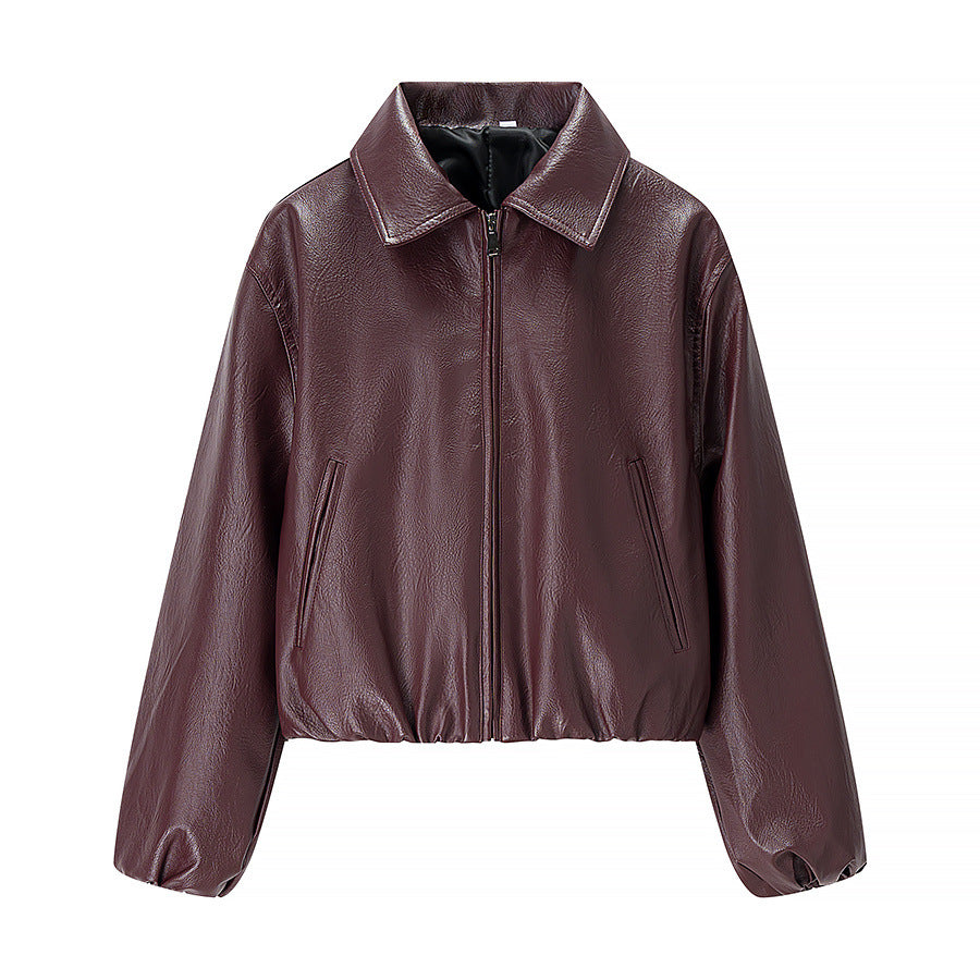 Damen nan kurze Glanz-Kunstlederjacke mit Hemdkragen, verdecktem Reißverschluss und elastischem Bund Drune