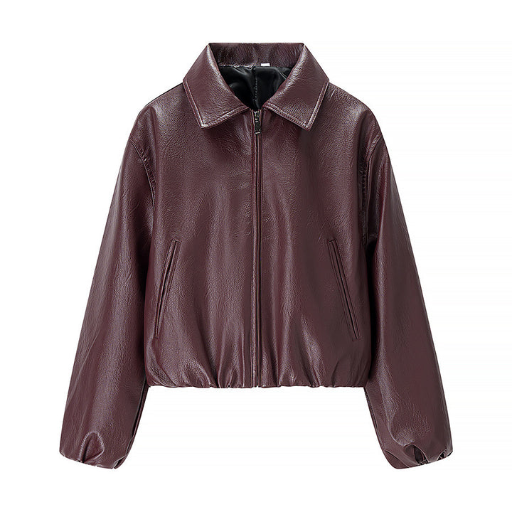 Damen nan kurze Glanz-Kunstlederjacke mit Hemdkragen, verdecktem Reißverschluss und elastischem Bund Drune