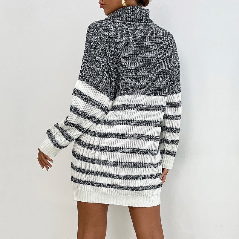 Damen Strickkleid mit hochgeschütztem Kragen und modischen Streifen Drune