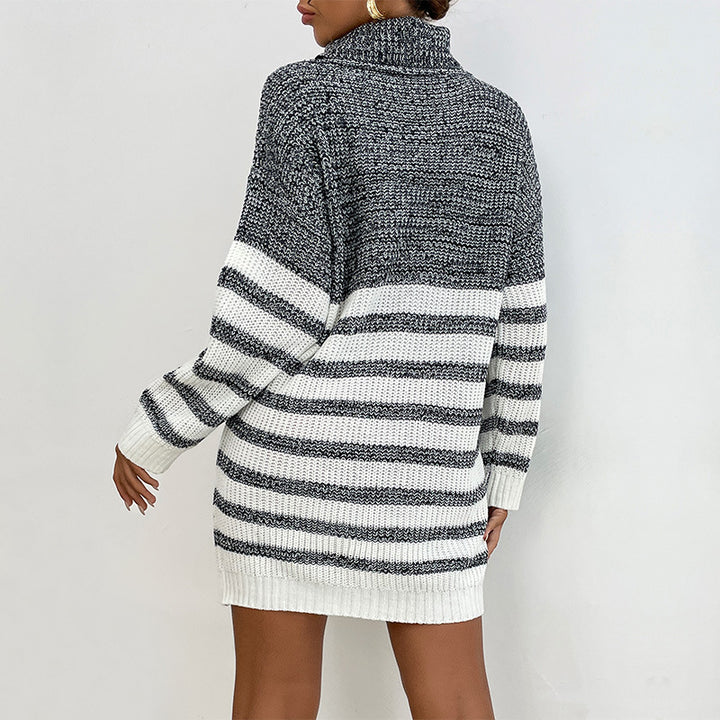 Damen Strickkleid mit hochgeschütztem Kragen und modischen Streifen Drune