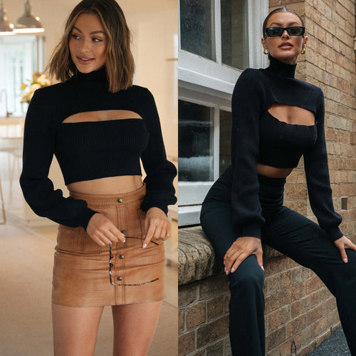 Damen eleganter croppierter Pullover mit hohem Kragen und Cut-Out Drune