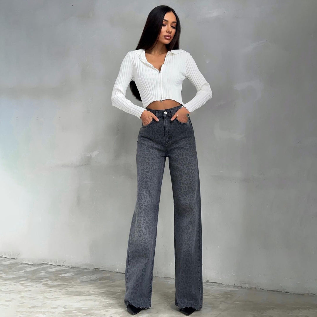 Damen Flared Jeans im trendigen Leopardenmuster mit hohem Bund Drune