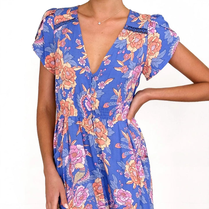 Damen Maxikleid mit elegantem V-Ausschnitt und femininen Rüschendetails Drune