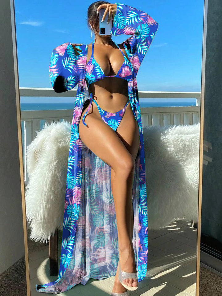 Damen Bikini-Set mit transparentem Kaftan und floralem Design Drune