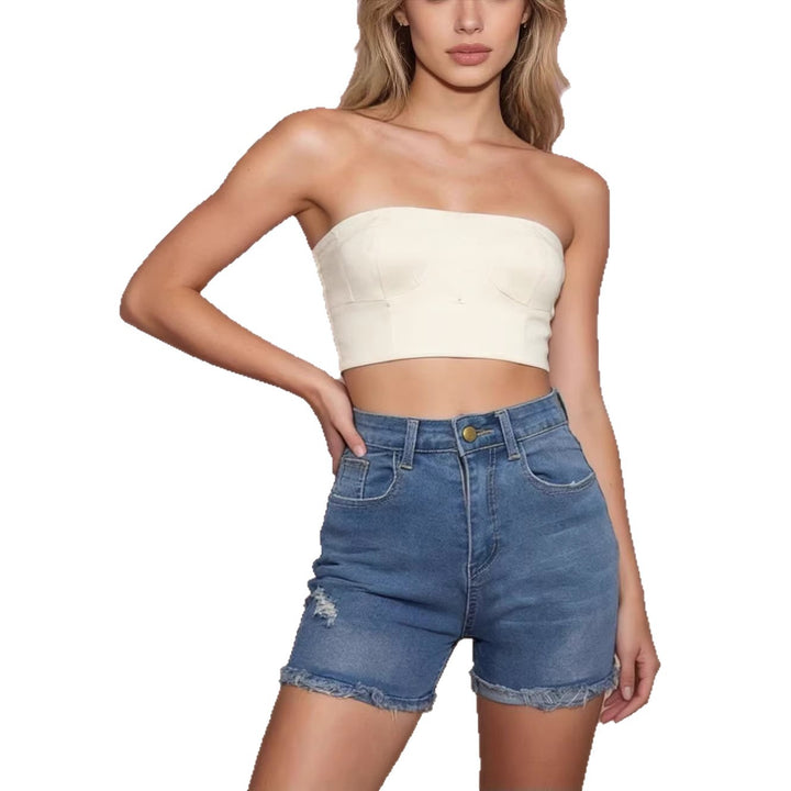 Damen lässige High-Waist Denim-Shorts mit Fransen und modischen Destroyed-Details Drune