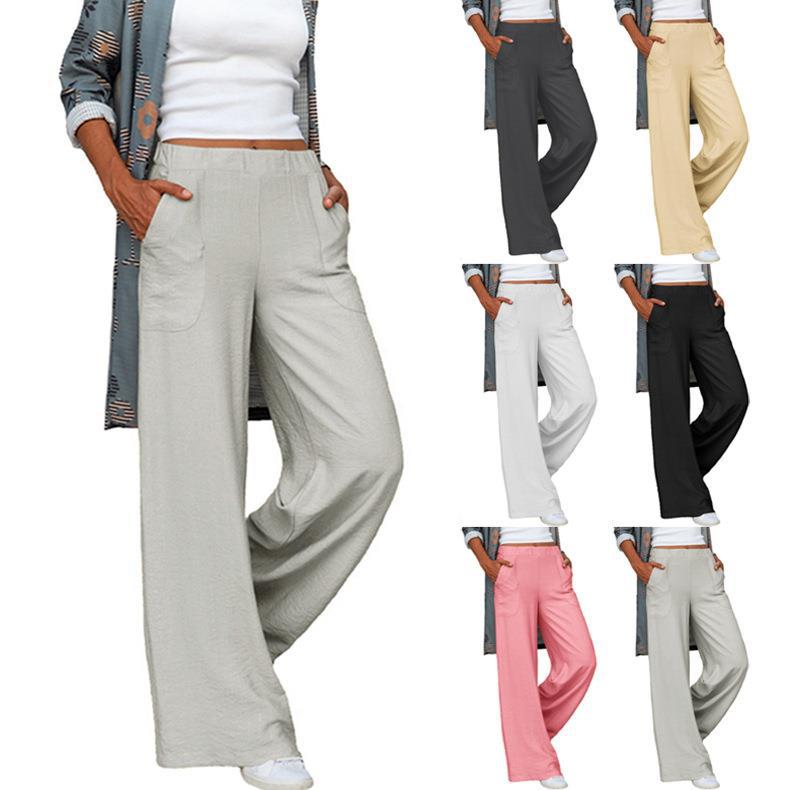 Damen nan weite Leinenmix-Hose mit hohem elastischen Bund und aufgesetzten Seitentaschen Drune