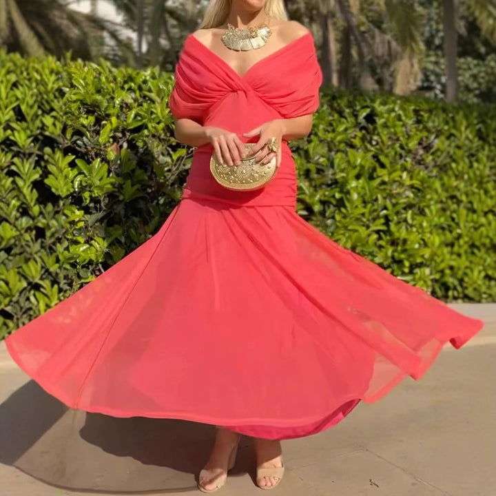 Damen nan fließendes Abendkleid mit transparentem Chiffon-Capelet, V-Ausschnitt und taillierter Drapierung Drune