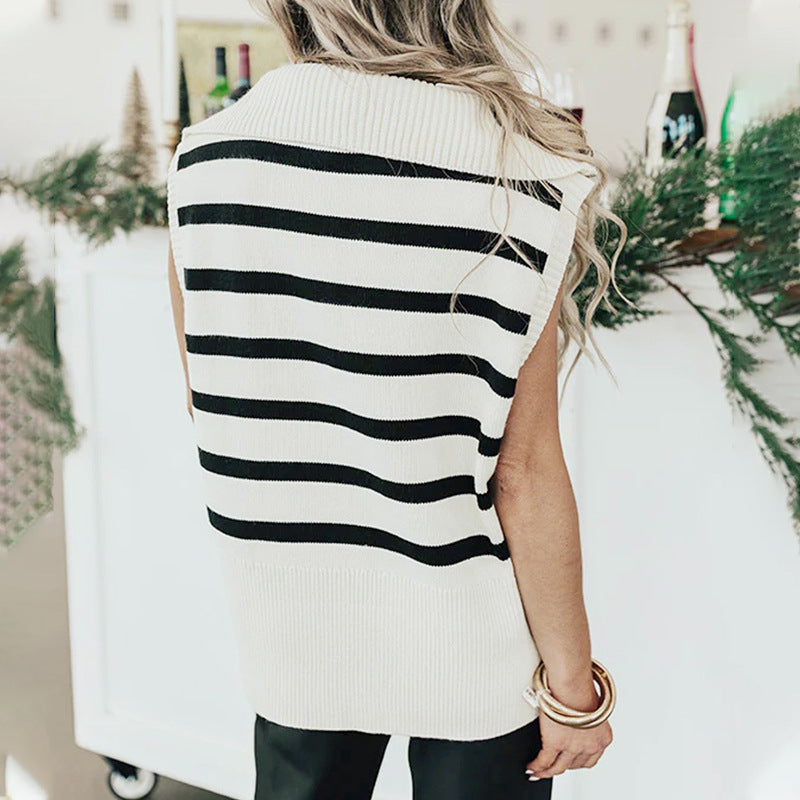 Damen ärmelloses Stricktop mit hochgeschlossenem Reißverschluss und diagonalen Streifen Drune